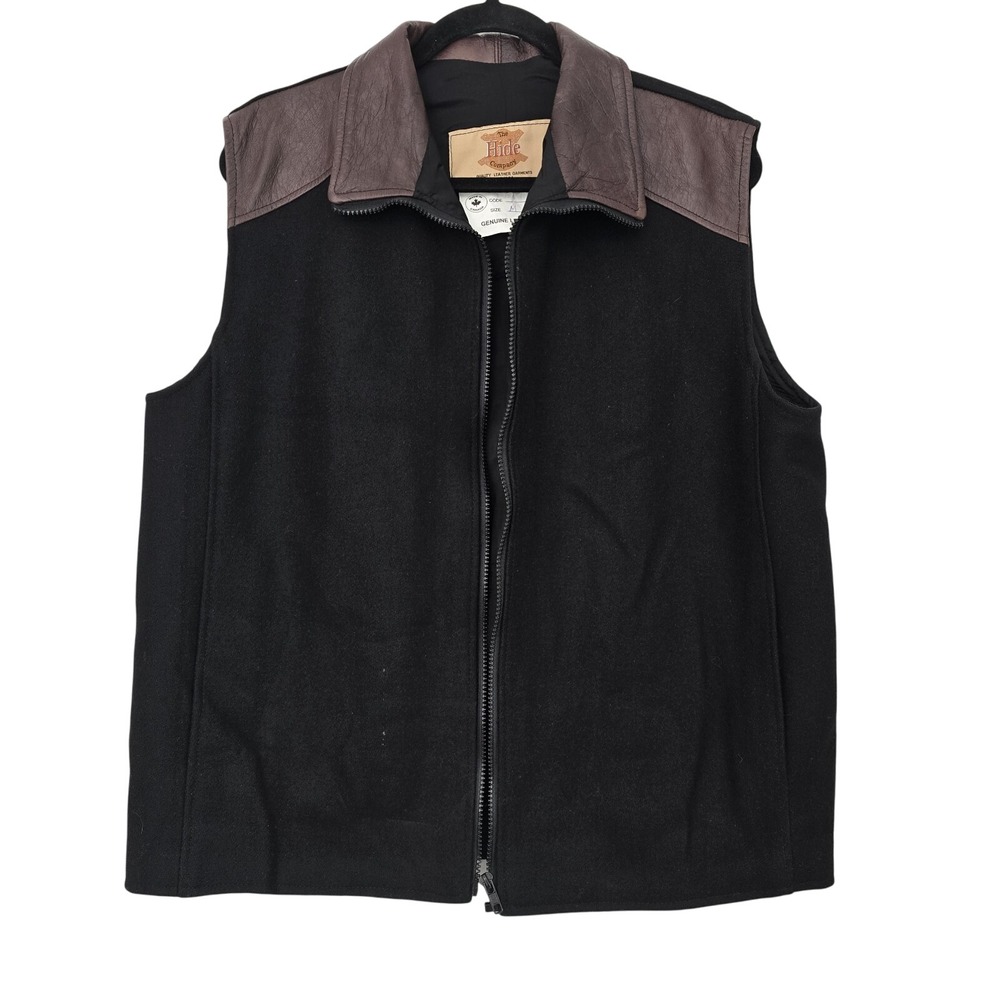 The Hide Company Vest Mens MED Black‎ Wool Blend Leather Trim Full Zip